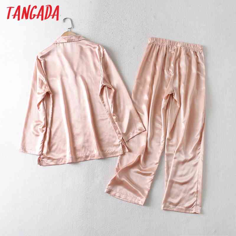 Women's Solid Pink Satin Shirt Pants Fashion Suit 2 Piece Set AI31 210416