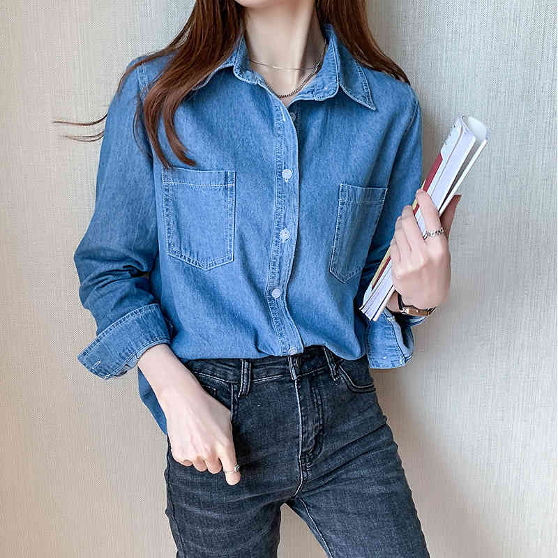 Autumn Loose Denim Women's Blouse Casual Blue Long Sleeve Cardigan Shirts Women Solid Ladies Clothing Blusas Mujer 11967 210508
