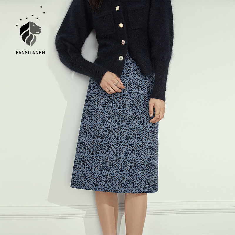FANSILANEN Leopard print elegant blue midi skirt Women autumn winter high waist a-line Female office lady vintage 210607 
FANSILANEN Leopard print elegant blue midi skirt Women autumn winter high waist a-line Female office lady vintage 210607