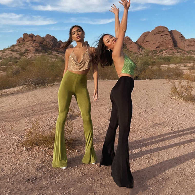 Vintage Push Up Flared Pants Women High Waist Bodycon Y2k Fashion Long Trousers Casual Solid Green Black Stretch Joggers Spring 211115