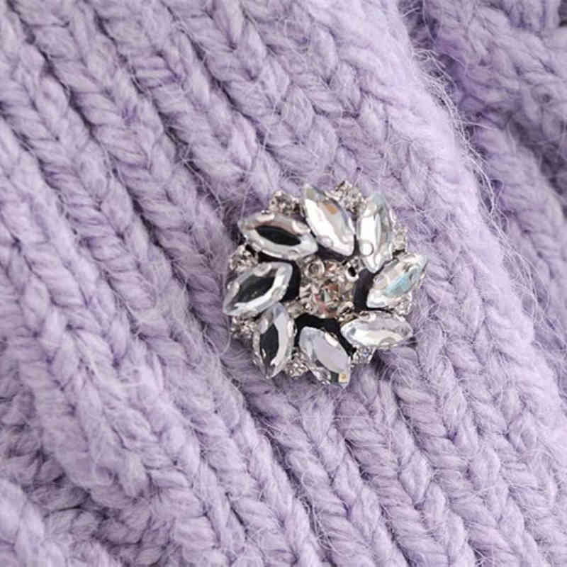 Women's Knits Tees Sweet Woman Purple Loose V Neck Knitted Cardigan Spring Fashion Ladies Diamond Button Knitwear Girls Casual Sweaters 210515