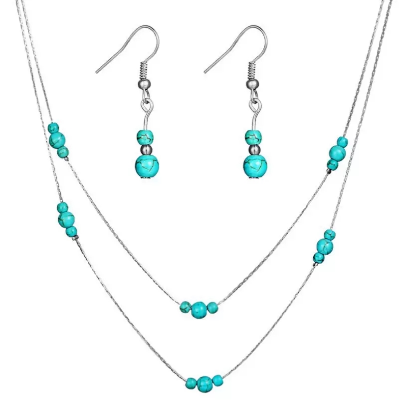 Brand New Vintage Turquoise Jewelry Sets Blue Turquoise Necklace Earring Ring Set Women