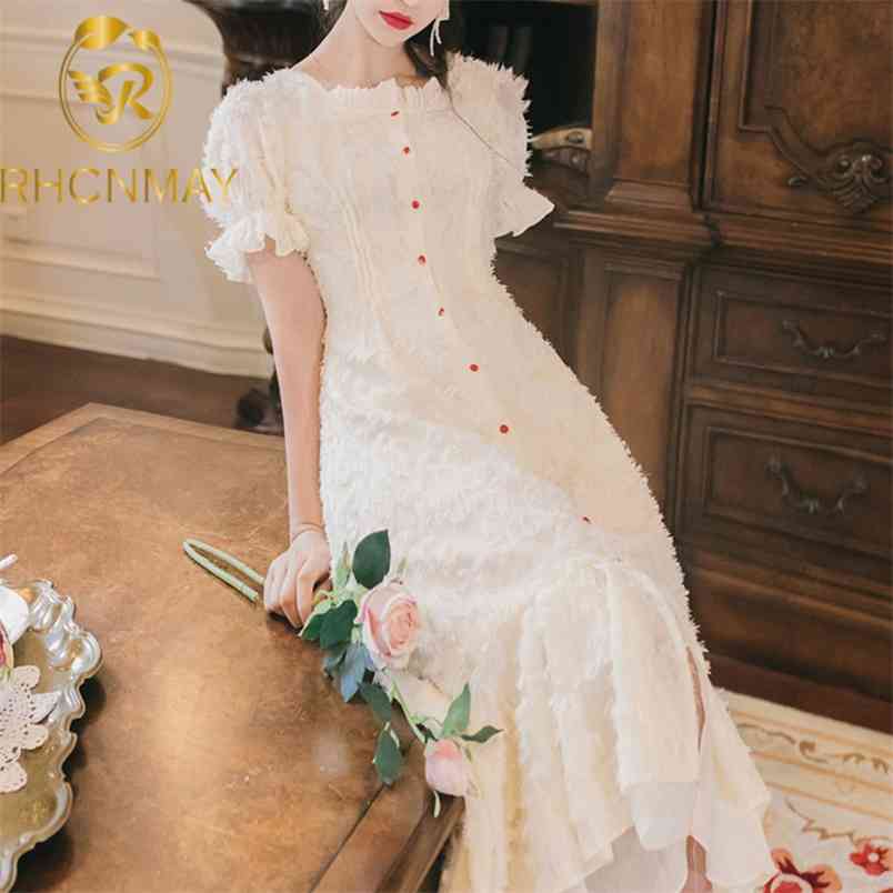 Korean Fashion Summer Mermaid Dress Single Breasted Dresses Butterfly Sleeve High Waist Vintage Women Holiday 210506