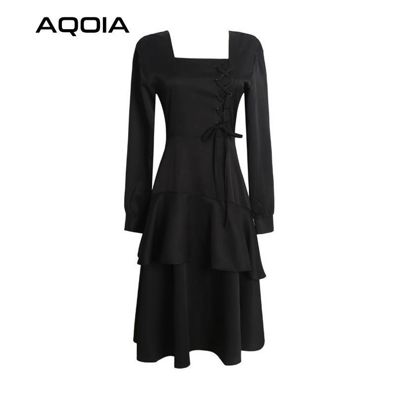 Summer Gothic Black Bandage Women Dress Street Style Long Sleeve Cascading Ruffle Double Layer Lolita Ladies Dresses 210521
