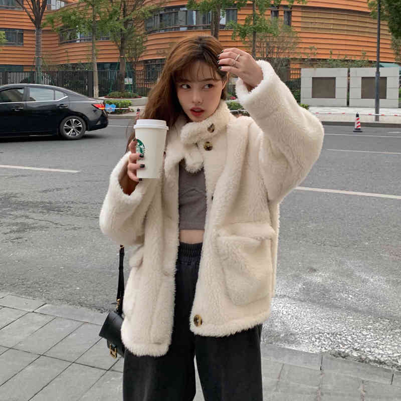 autumn and winter korean style solid color lamb Fur wool warm coats and vintage jackets womens (C2929) 210423