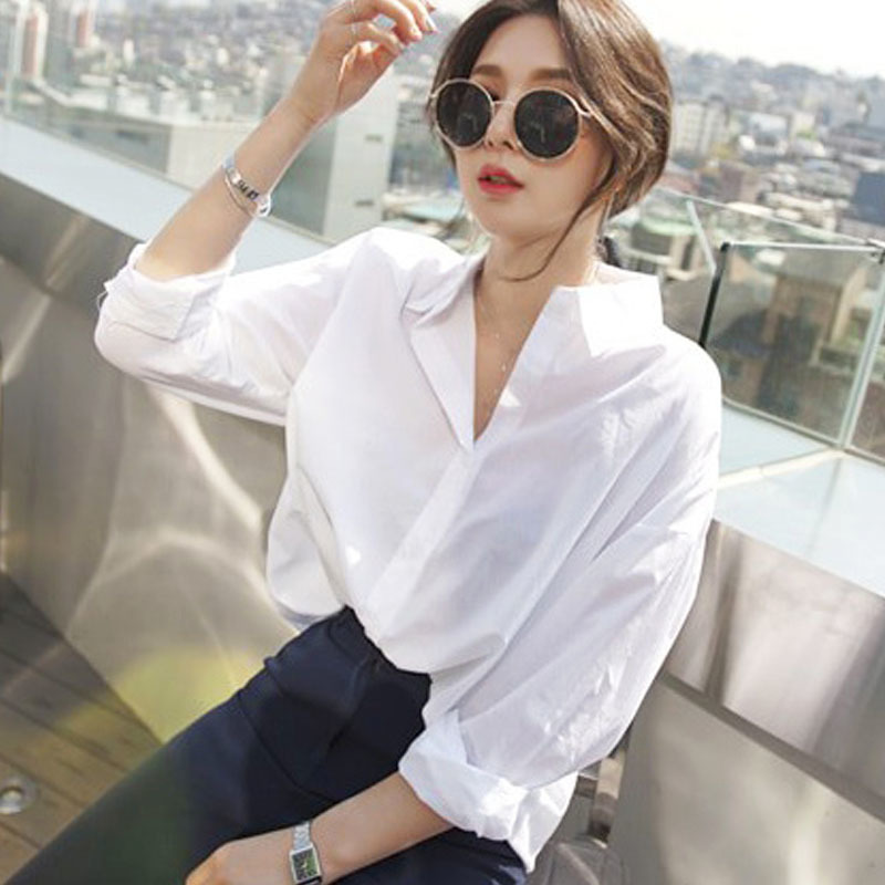 Autumn Korean White Shirt Simple Basic Long Sleeve Female Student Women Blouses Turn-down Collar Tops 6072 50 210506