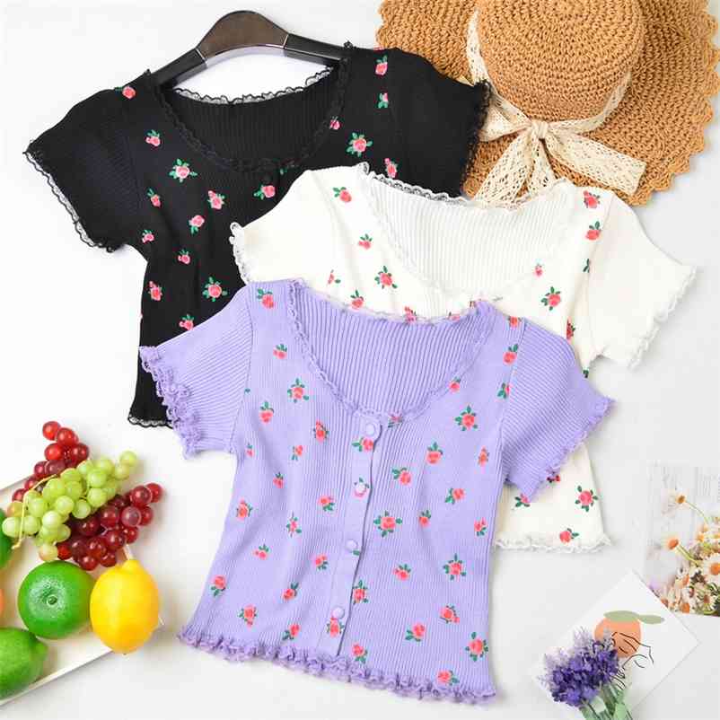 Knitted T-shirts Women Buttoend Up Flounce Hem T-Shirts Floral Printed Top Casual Cute Summer 210518, Balck
Knitted T-shirts Women Buttoend Up Flounce Hem T-Shirts Floral Printed Top Casual Cute Summer 210518, Balck