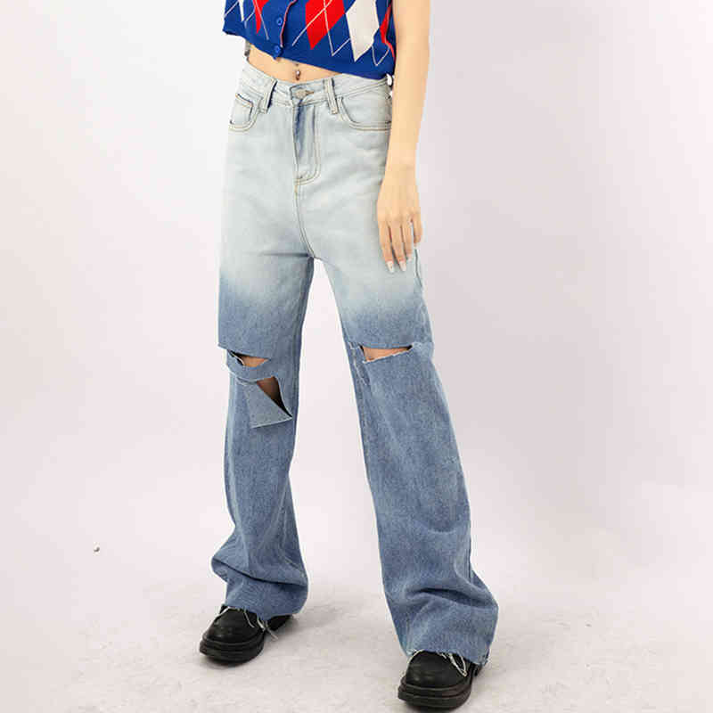 Streetwear Gradient Color Jeans Women's Summer High Waist Hole Loose Straight Denim Pants Female Tide 5E312 210427