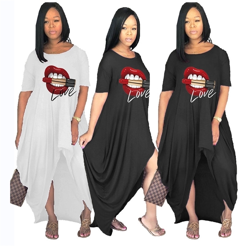 Dress Women Plus Size Summer Crewneck Short Sleeve Tshirt Dress Streetwear Irregular Casual Long Dress Wholesale Dropshipping 210409