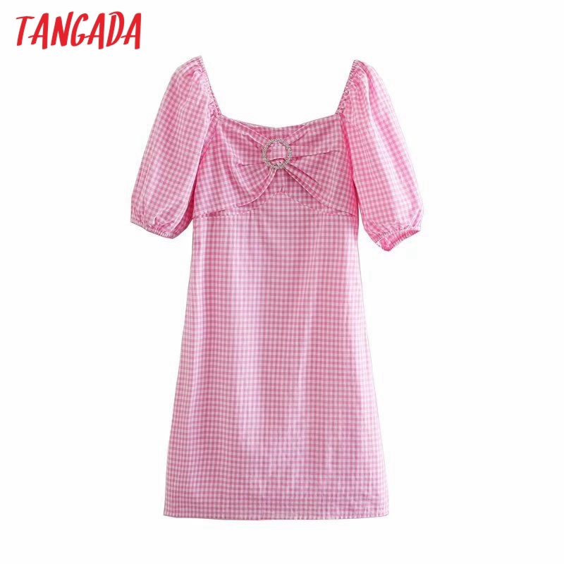 Summer Women Beading Bow White Square Neck Short Sleeve Ladies Mini Dress Vestidos 3D38 210416
