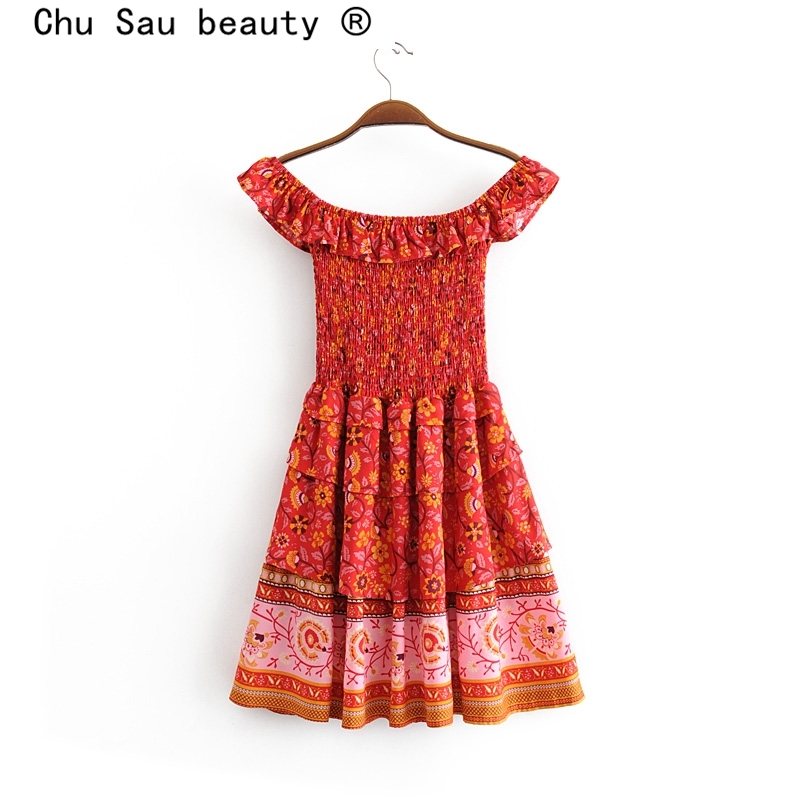 beauty Fashion Boho Floral Print Mini Dress Women Holiday Chic Pleated Fold Dresses Female Off Shoulder Beach Wear 210514