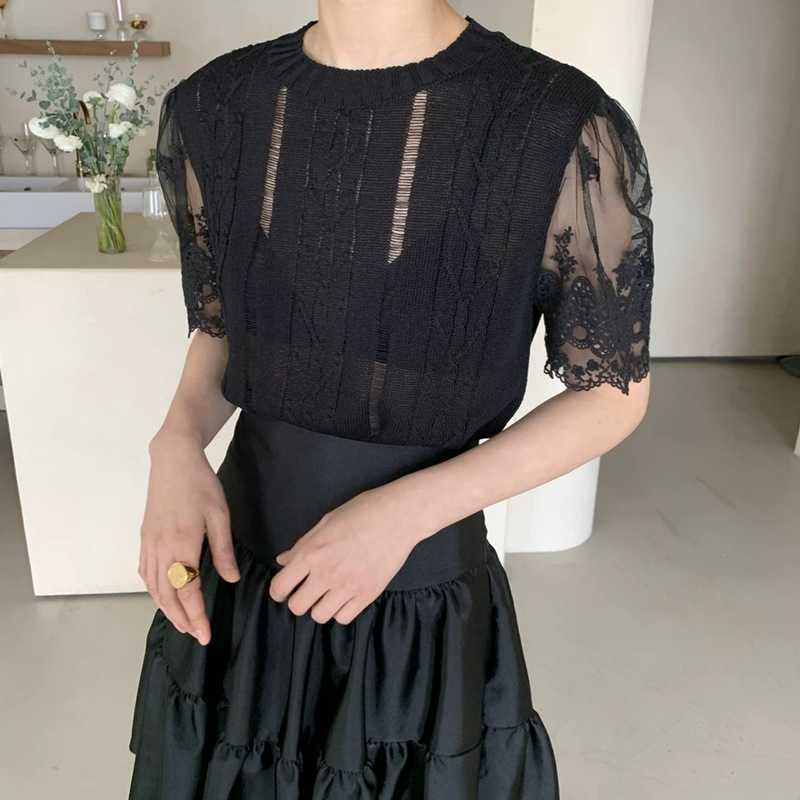 Mesh Lace Short Sleeve Patchwork Knitted Top Causal O-neck Ice Silk Knitwear Women Summer Elegant Jumper 6H150 210603