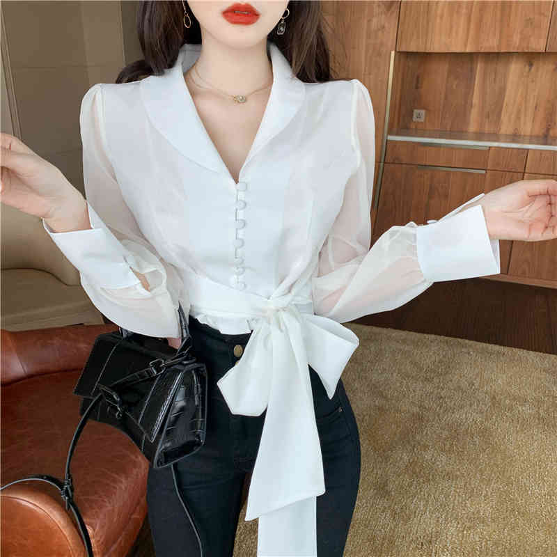 Spring Elegant Chiffon Bow Blouses Women Korean Style White Turn Down Collar Shirts OL Office Wear Work Chic Tops Female 210519