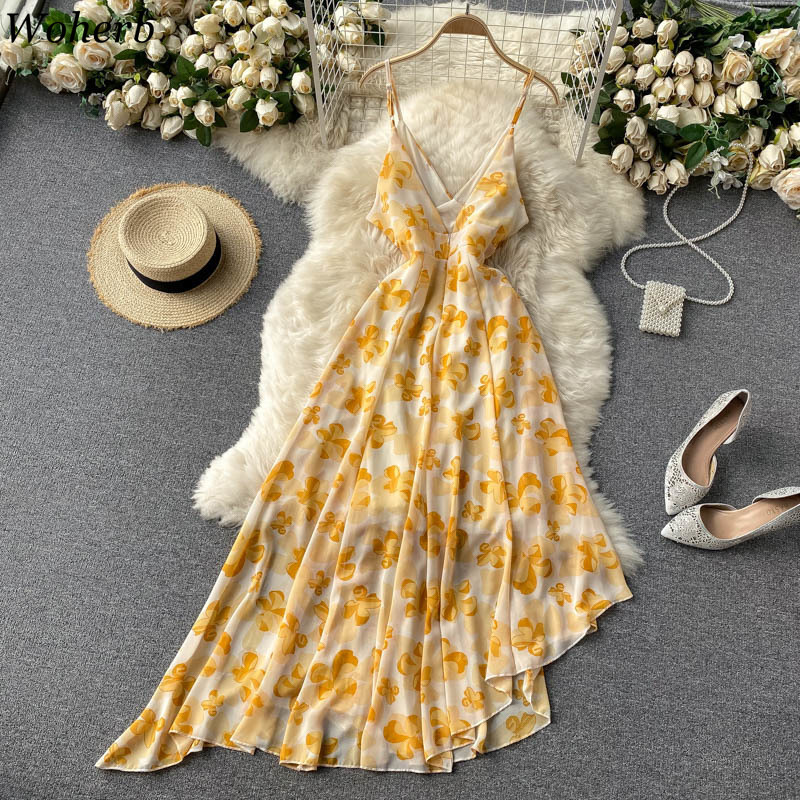Fashion Women Chiffon Floral Dress Summer Sexy Spaghetti Strap Party Dresses Elegant Ladies Asymmetrical Robe Vestidos 210519