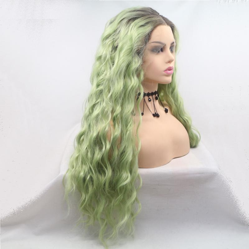 Synthetic Wigs Lace Front Wig Dark Lime Mint Green Curly For Black Women Ombre Body Wave Frontal Hair Lolita Cosplay