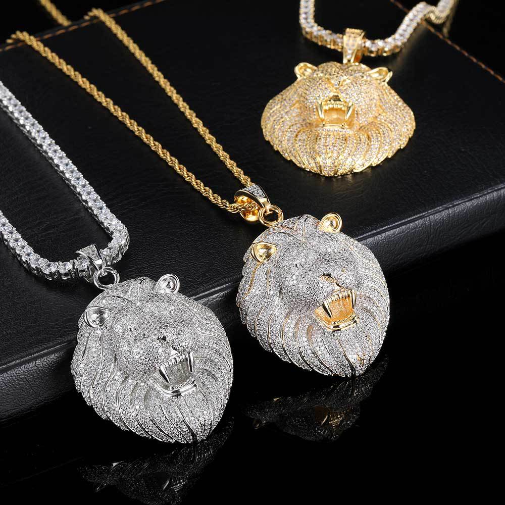 Hip-hop full diamond lion head pendant copper inlaid zircon personality men's necklace jewelry