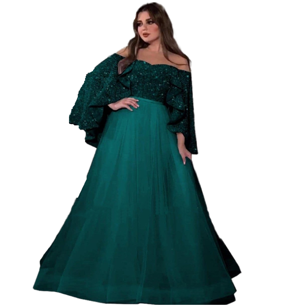 Elegant Arabric Royal Formal Evening Dresses Cape Sleeve Glitter Sequined Floor Length Tulle A Line Women Prom Dress Plus Size Long Special Occasion G