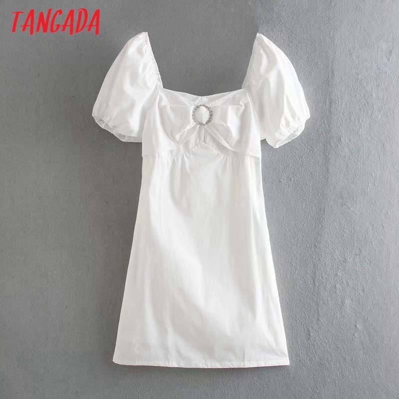 Summer Women Beading Bow White Square Neck Short Sleeve Ladies Mini Dress Vestidos 3D38 210416
