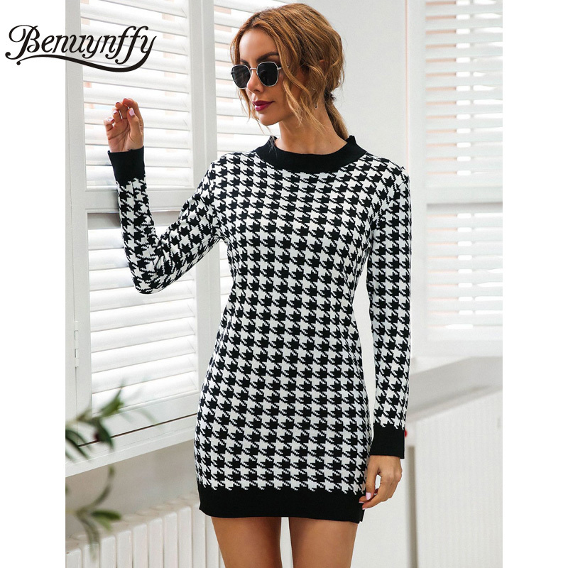 O-Neck Contrast Black Houndstooth Knitted Dresses Women Autumn winter Long Sleeve Casual Stretch Bodycon Mini Dress 210510
