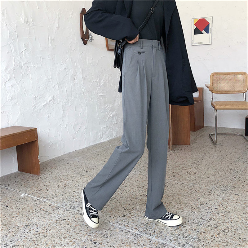 Large Size Full Length High Waist Slim Versatile Straight Korean Spring Retro Solid All Match Slender Pants 210421