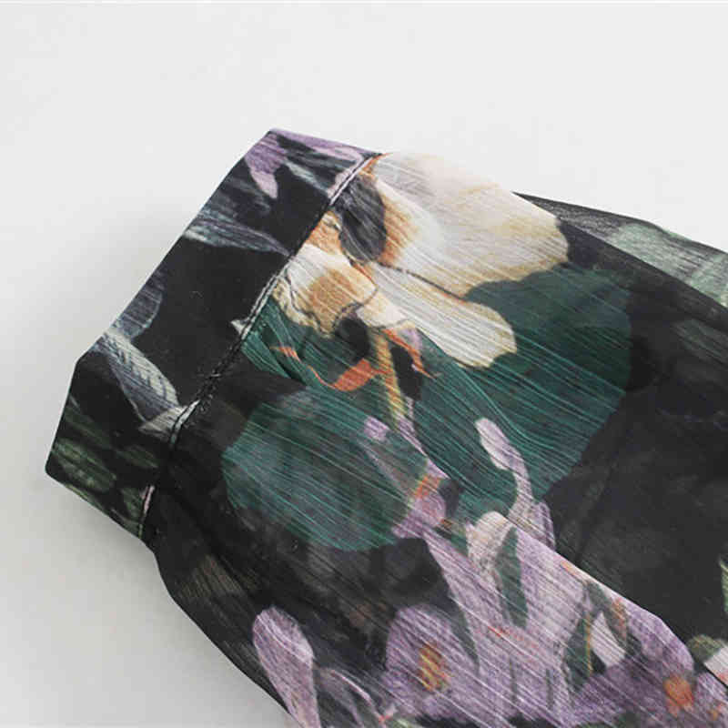 Women Floral Print Vintage Chiffon Dresses O Neck Ruffles Asymmetrical Dress Long Sleeve Casual Sashes Dress Boho Midi Sundress 210414