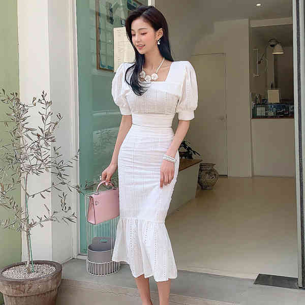 Women 2 Piece Outfits Summer Office OL Lace Embroidery Puff Sleeve Short Tops + High Waist Bodycon Mermaid Skirt 2 Set 210519