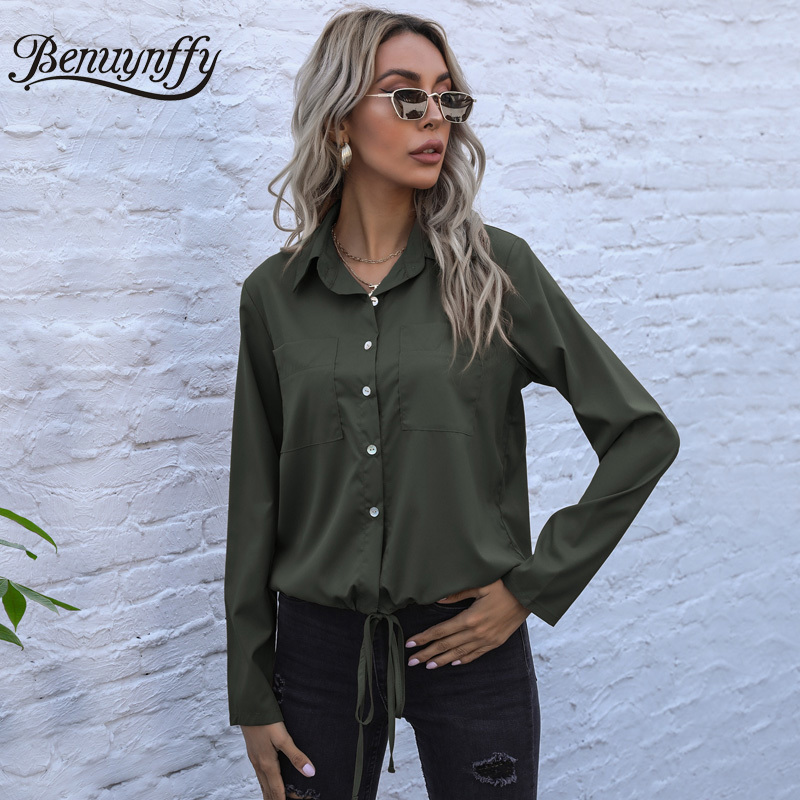 Turn-down Collar Pocket Front Drawstring Hem Women Shirts Spring Long Sleeve Female Solid Casual Tops Blouses 210510