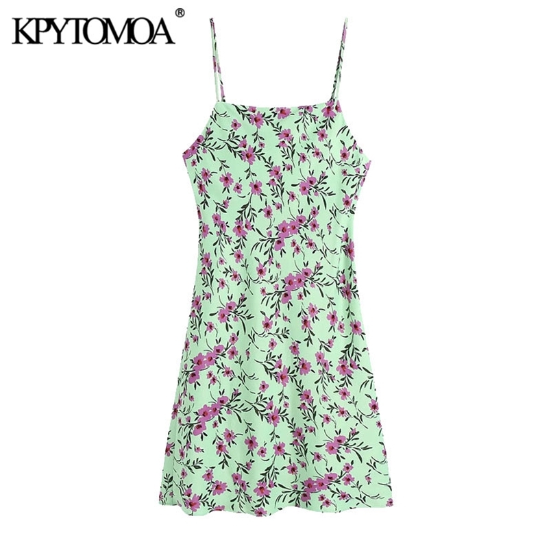 Women Chic Fashion Floral Print Cozy Mini Dress Backless With Buttons Thin Straps Female Dresses Vestidos 210420