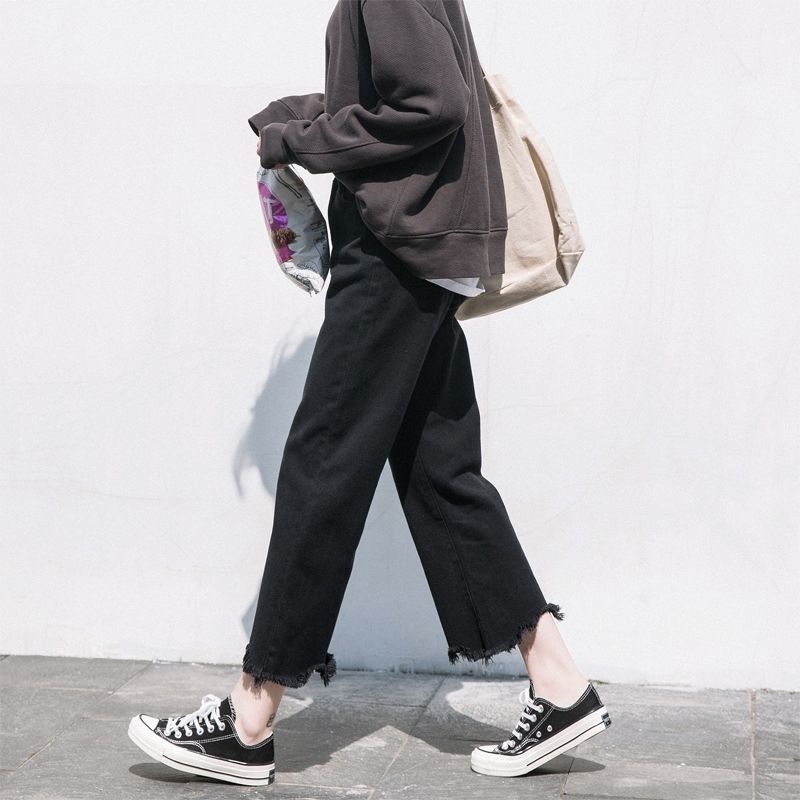 Spring Korea Fashion Women Jeans Irregularity Tassels High Waist Loose Straight Denim Pants Cotton black Wide Leg D170 210512