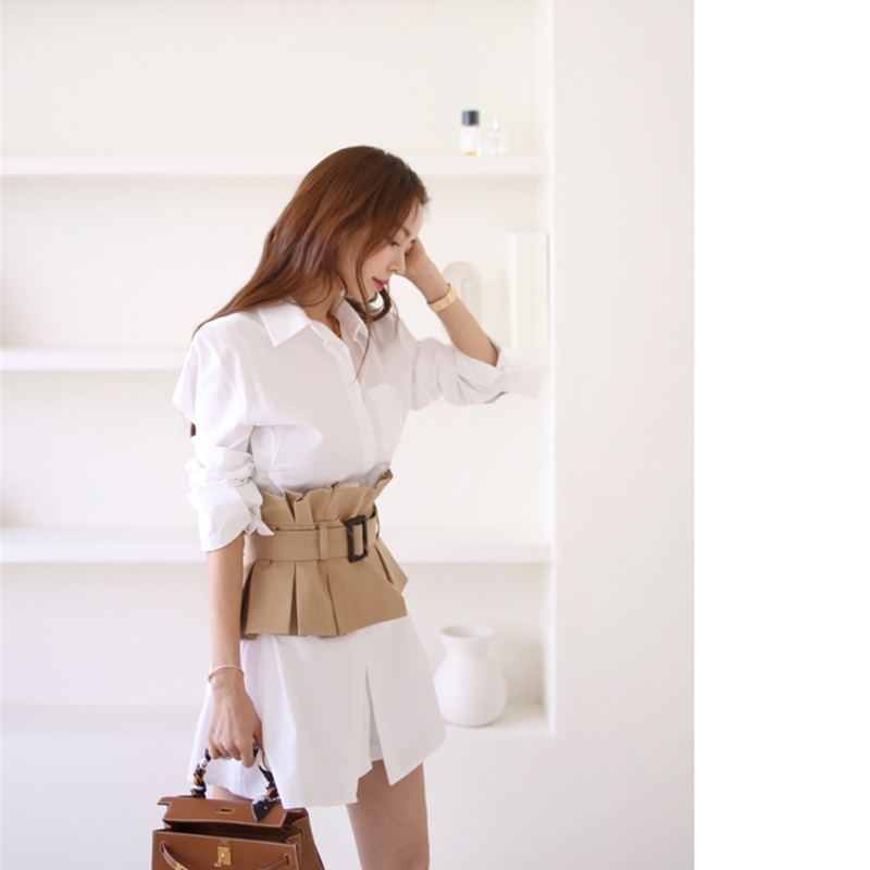 Korean Elegant Fashion Women Two Piece Set Vintage White Lapel Long Sleeve Office OL Shirt Mini Dress With Khaki Girdle 210519