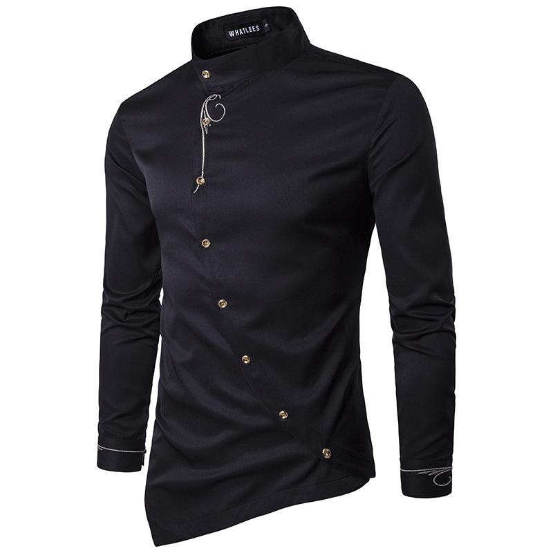 Men's Casual Long Sleeve Oblique Button Down Dress Shirt Tops With Embroidery 2021 Fashion Male Irregular Hem Slim Fit Shirts