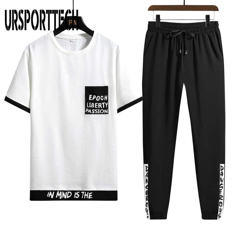 Tracksuit Men sets Summer Casual Men's Set 2 Pieces Man Suit Sportswear Outfits Short Sleeve T-shirt +Pants Joggers Set 210528