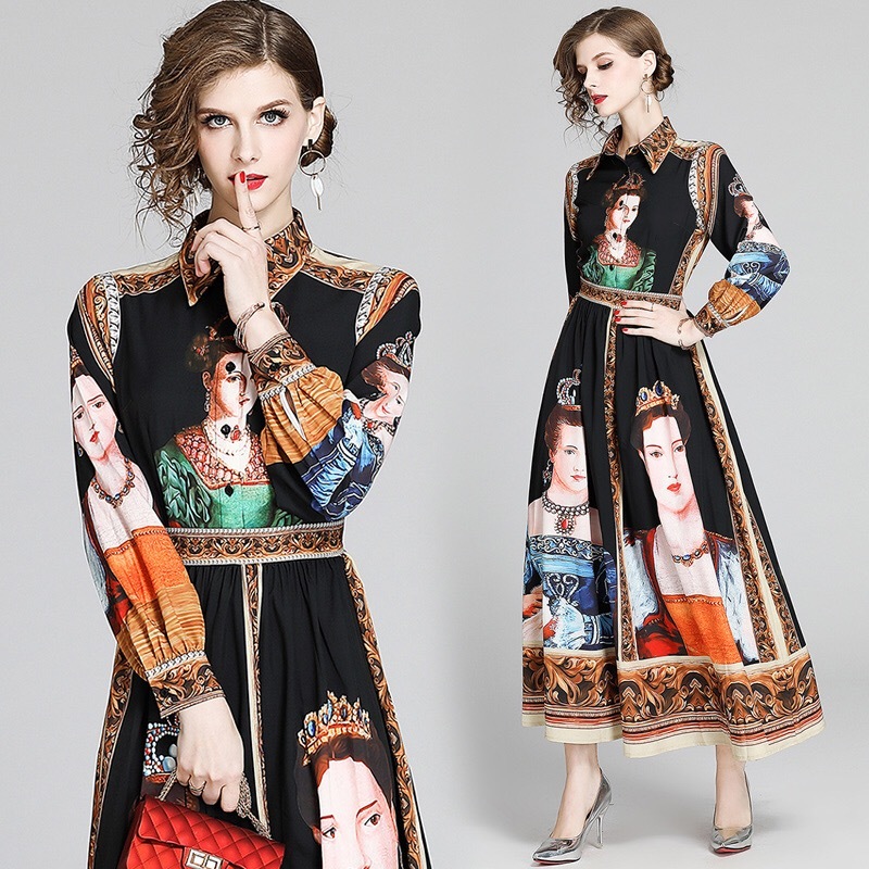 vintage dress painting character printed maxi long sleeve black gothic high waist es oversize big size vestido 210421