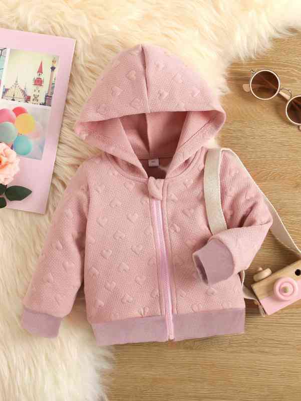 Baby Heart Textured Zipper Hooded Jacket SHE