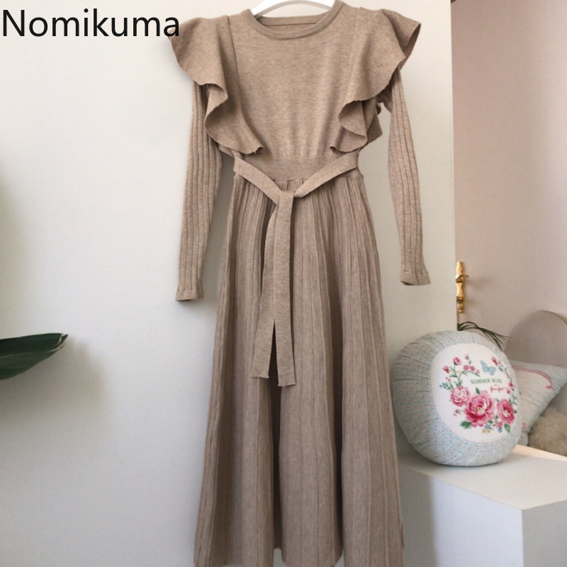 2021nomikuma fashion new sweater dress women ruffles slim waist long sleeve a line pleated dresses winter clothes robe mujer 3c952, Black;gray
2021nomikuma fashion new sweater dress women ruffles slim waist long sleeve a line pleated dresses winter clothes robe mujer 3c952, Black;gray