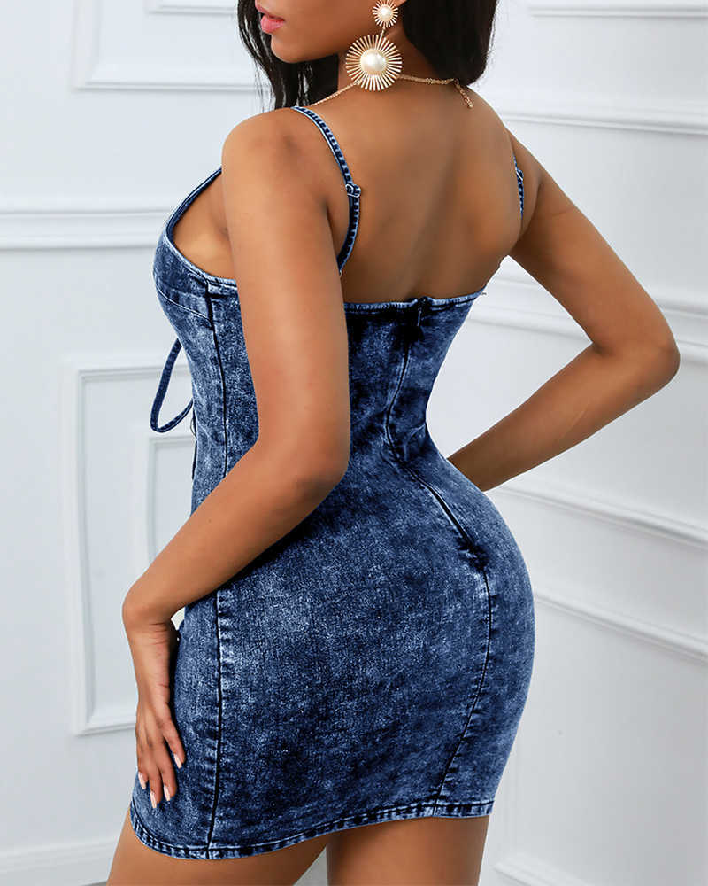 Summer Women Fashion Casual Short Dress Eyelet Lace-up Denim Bodycon Mini Dress 210716