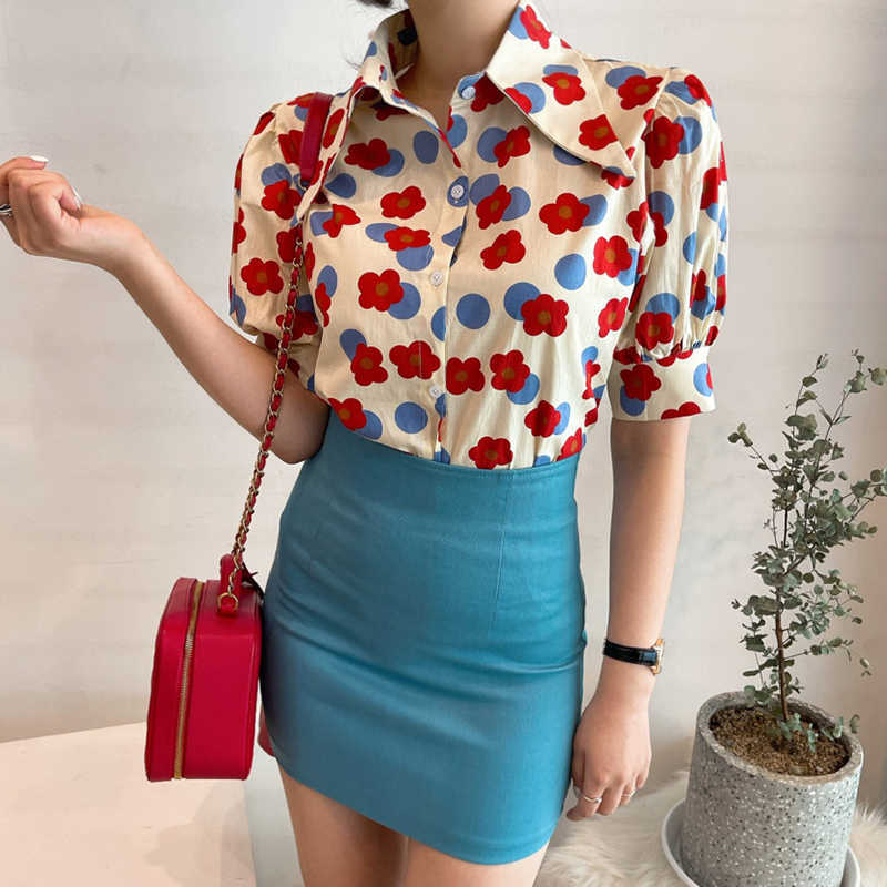 Korejpaa Women Dress Sets Korea Retro Pointed Collar Printed Short-sleeved Shirt and High Waist Pocket Hip Short Skirt Suit 210526