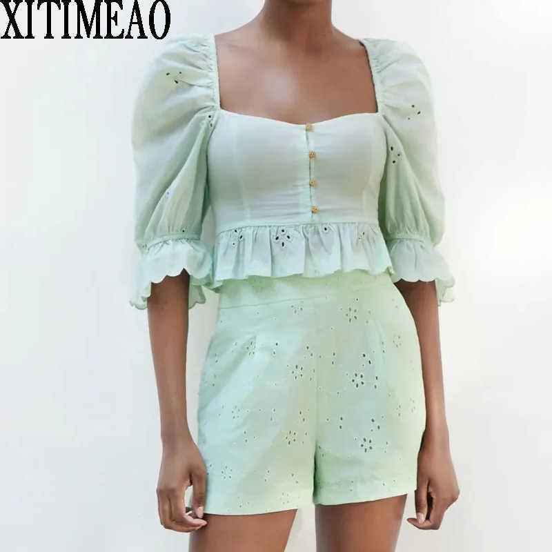 ZA Women Sweet Fashion Solid Color Embroidery Blouses Vintage Square Neck Puff Sleeve Frenulum Of Back Female Chic Short Tops 210602, Light green
ZA Women Sweet Fashion Solid Color Embroidery Blouses Vintage Square Neck Puff Sleeve Frenulum Of Back Female Chic Short Tops 210602, Light green