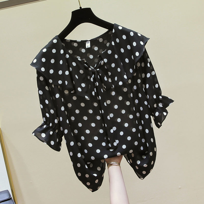 Summer Women Shirt Plus Size Half Sleeve Polka Dot Print Chiffon Shirts Sweet Cute Peter Pan Collar Ruffles Blouse D24 210512