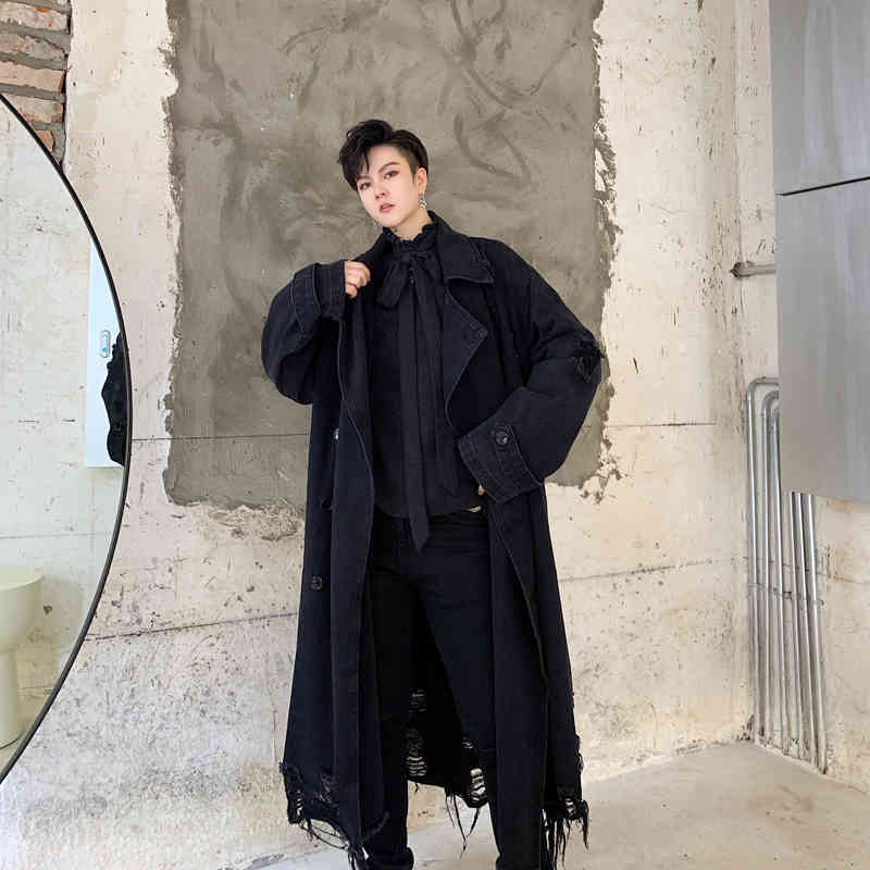 IEFB / Fashion Mens Windbreaker Suit Collar Douoble Breasted With Belt Denim Trench Coat Male Loose Casual 9A459 210524