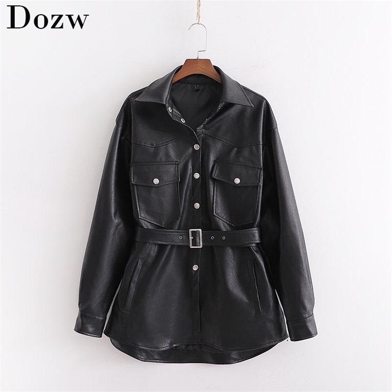 Faux Leather Jackets Women Fashion PU Black Coat Elegant Belt Waist Pockets Buttons Female Coats Streetwear Ladies 210515