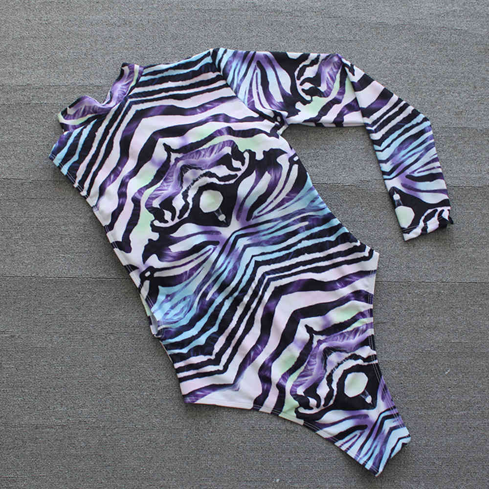 Women Swimsuit Long Sleeves Swimwear Bodysuit Monokini Print Bathing Suits Summer Beach Wear Swimming Suit XL 210520