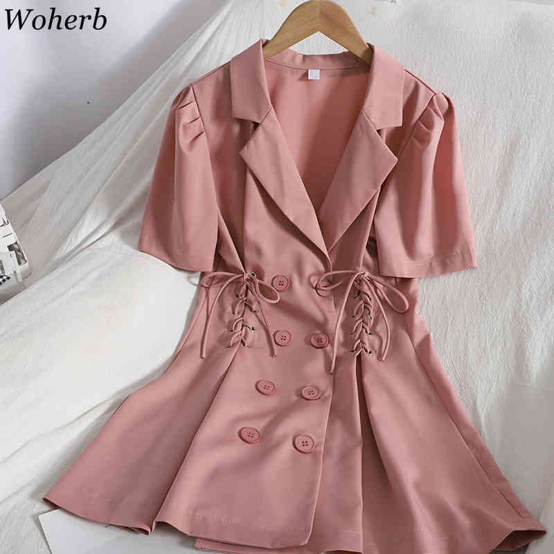 Women Sexy Blazer Dress White Double Breasted Bandage Suit Collar Mini Dresses Elegant Summer Korean Slim Fit Vestidos 210519