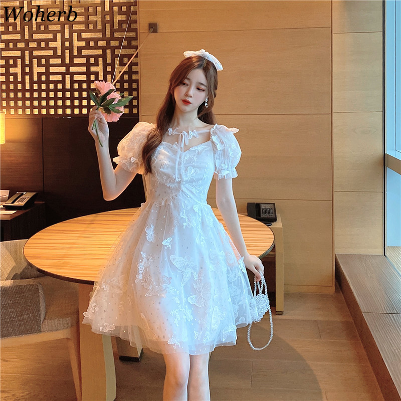 Dress Women Elegant Gauze Butterfly White Robe Embroidery Sweet Puff Sleeve Vestidos Sequins Patchwork Lace-up Dresses 210519
