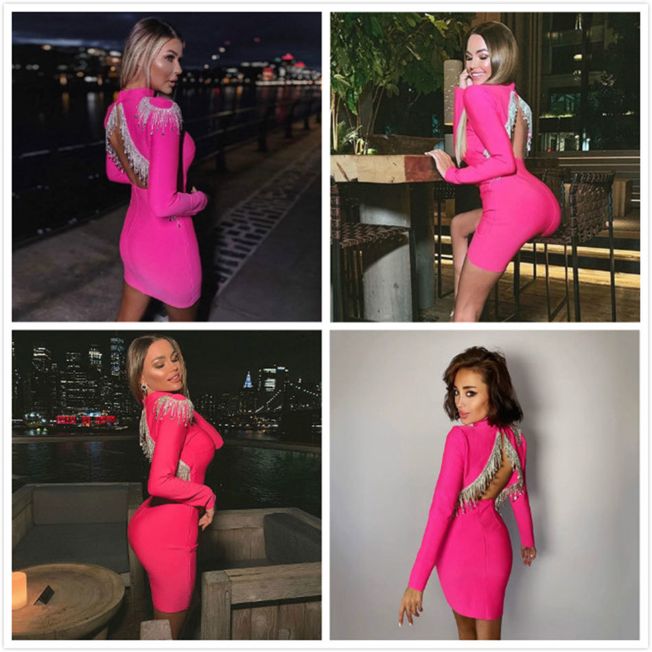 High Quality Black Women Bandage Dress Neck Long Sleeve Sexy Halter Beaded Tassel Bodycon Club Party es 210524