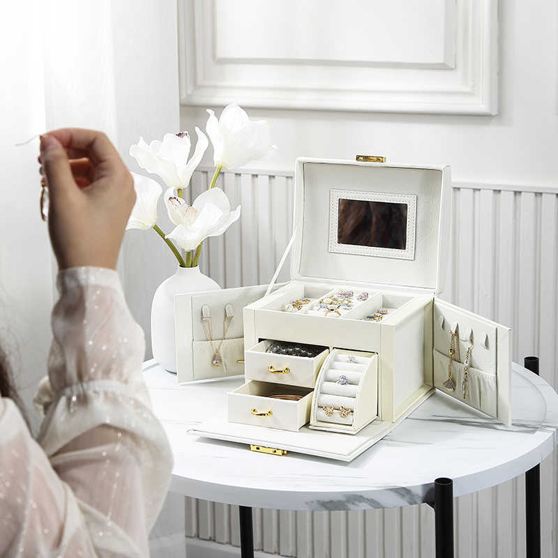 Large Jewelry Box Organizer PU Leather Drawer Jewellery Boxes Velvet Earring Ring Necklace Jewelry Storage Case Casket 211012