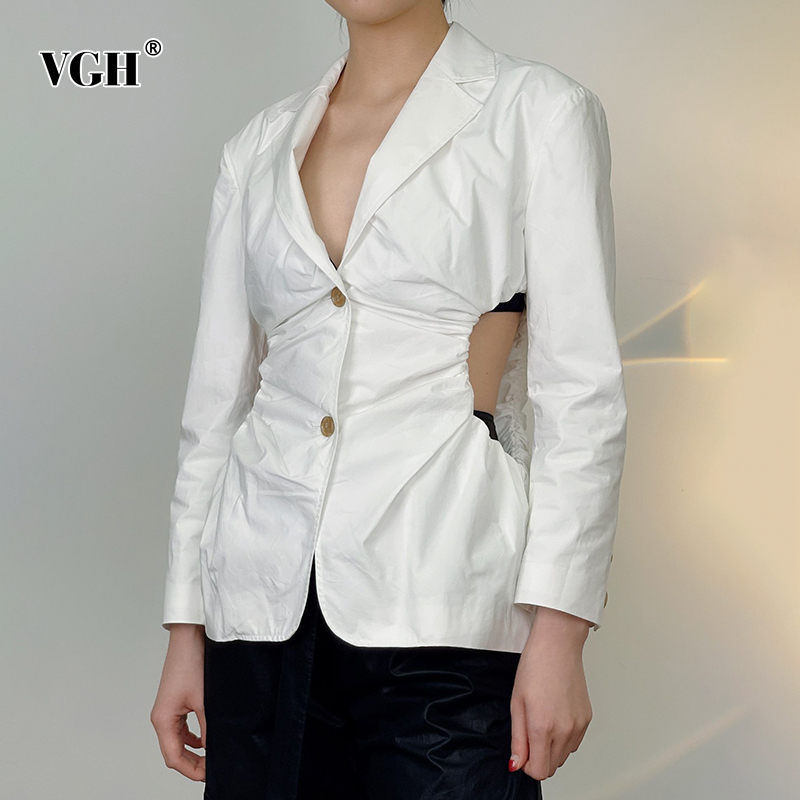 VGH Casual White Tunic Blazer For Women Notched Long Sleeve Hollow Out Minimalist Blazers Female Fashion New Clothing Tide 210421