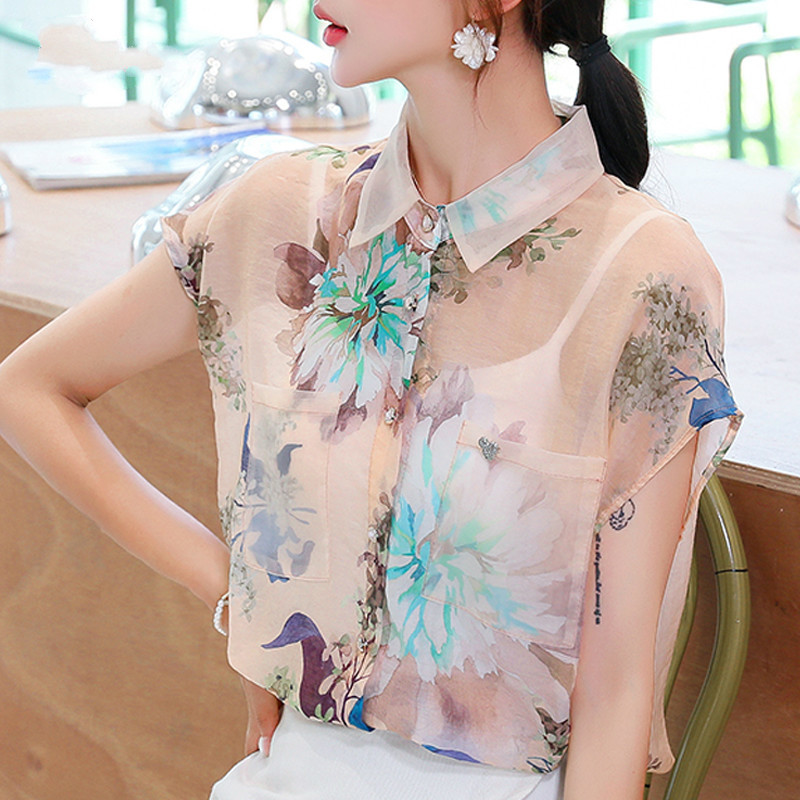 Korean Print Office Lady Tops Casual Short Sleeve Chiffon Shirt Women Blusas Mujer De Moda Summer Thin Blouse 9808 210506