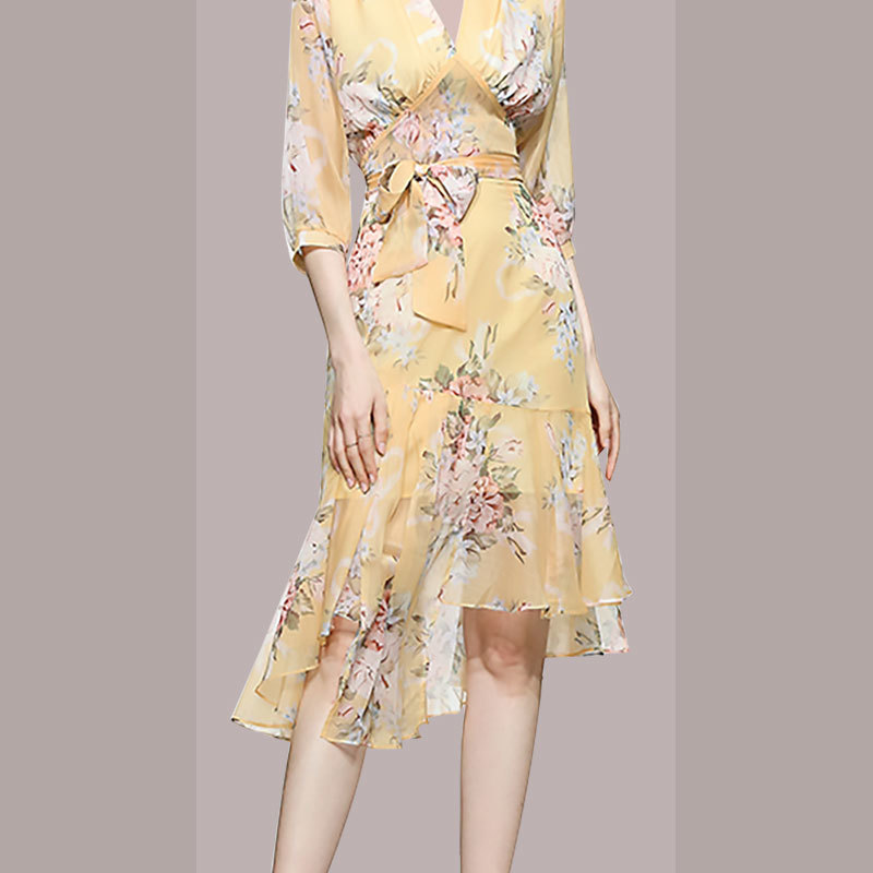 Runway Summer Two Piece Set Elegant Women Yellow Floral-Print Lace-Up Chiffon Top + High Waist Irregular Skirts Outfits 210519