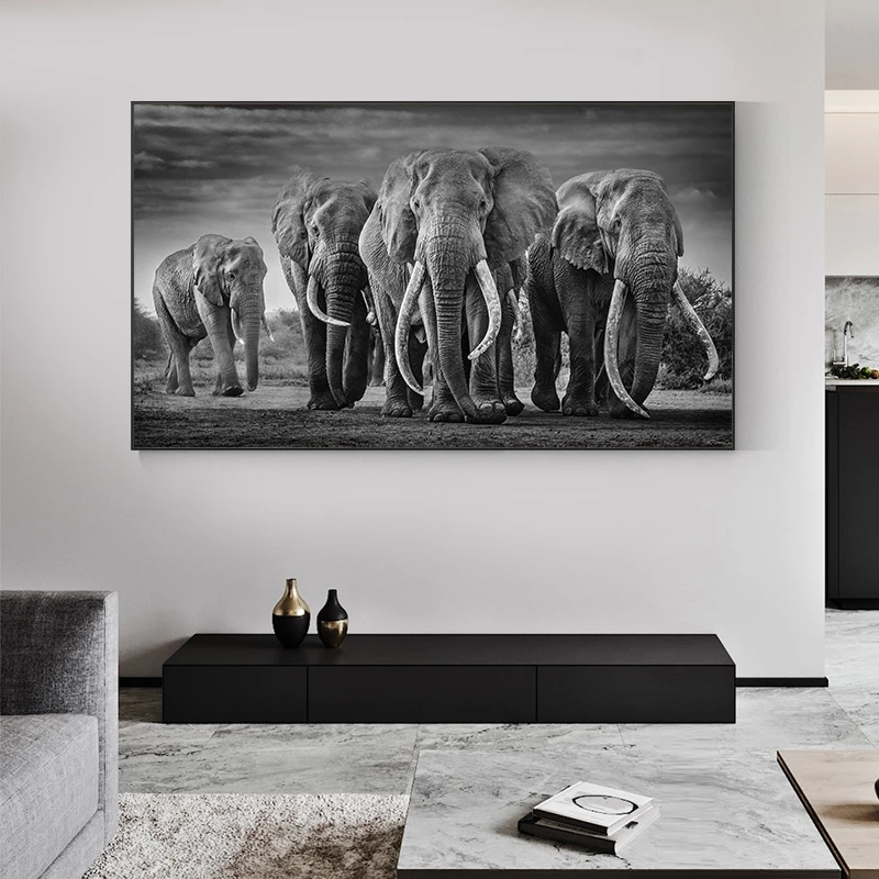 African Elephants Wild Animals Canvas Painting Scandinavia Posters and Prints Cuadros Black White Wall Art Pictures For Living Room